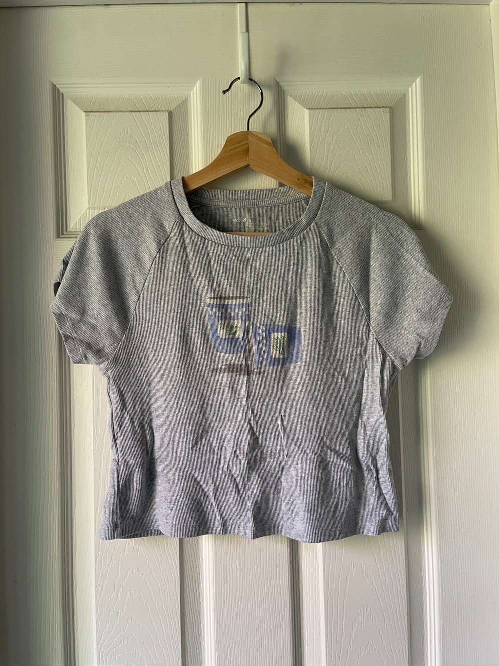 Aerie Grey Ribbed Coffee Graphic Cropped Baby Tee Large
